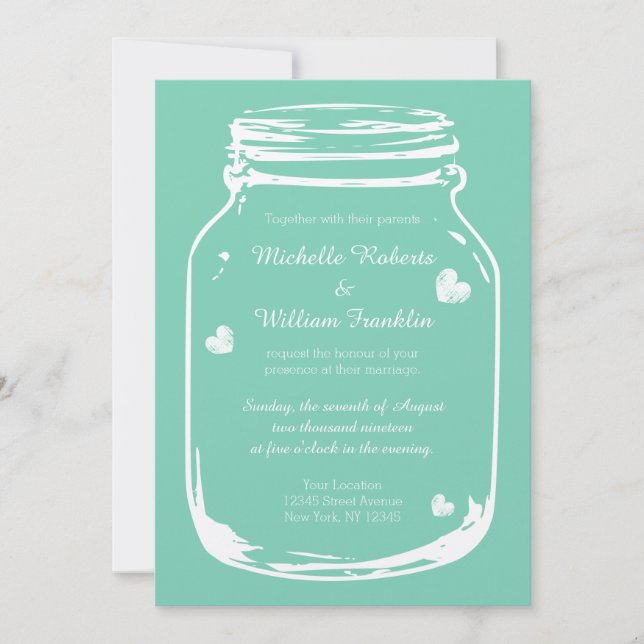 Mint country chic mason jar invitations mariage (Devant)