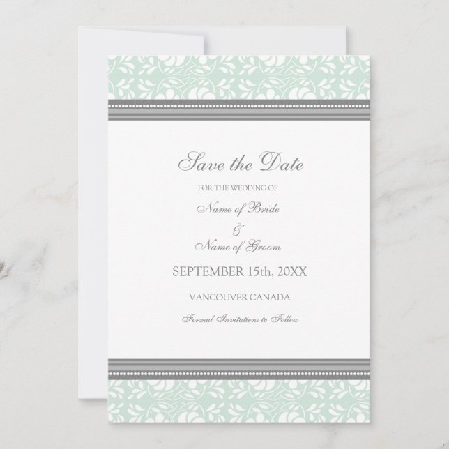 Mint Damask Photo Wedding Enregistrer la carte Dat (Devant)