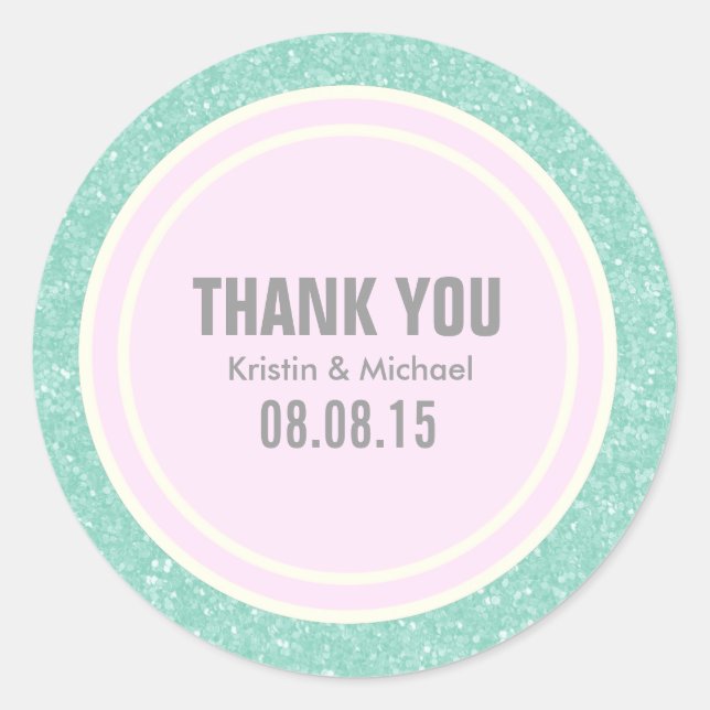 Mint Glitter & Light Pink Merci Stickers Rond (Devant)