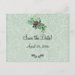 Mint Green Damask Enregistrer la date Carte postal