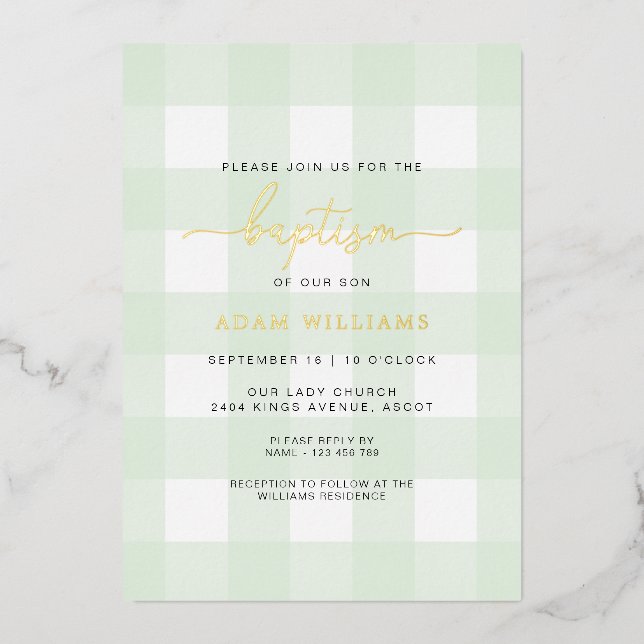 Mint Green En vichy Baptême Gold Foil Invitation (Recto)
