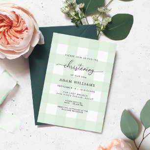 Mint Green En vichy Christening Invitation