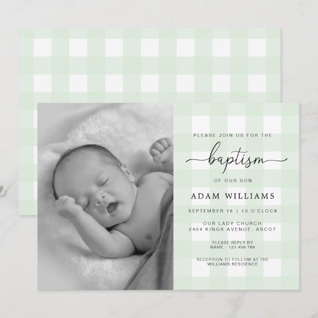 Mint Green En vichy Photo Baptême Invitation (Devant / Derrière)