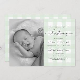 Mint Green En vichy Photo Christening Invitation