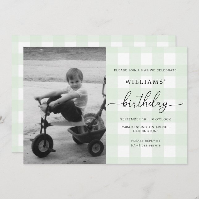 Mint Green En vichy Photo Invitation Anniversaire (Devant / Derrière)
