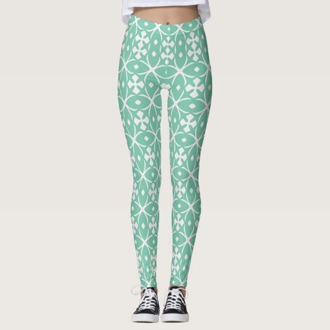 Mint Green Geometric Floral Leggings (Devant)