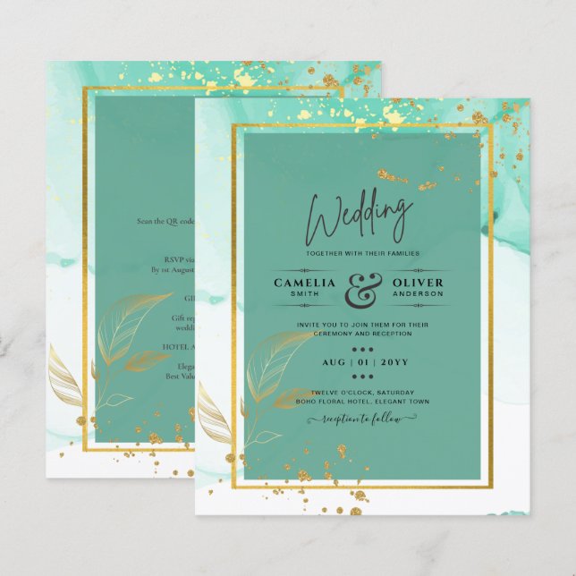 Mint Green Gold MARIAGE Encre d'alcool Abstraite (Devant / Derrière)