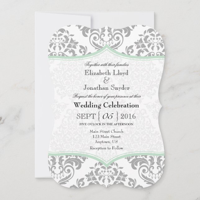 Mint Green Grey Damask Bracket Wedet Invitation (Devant)