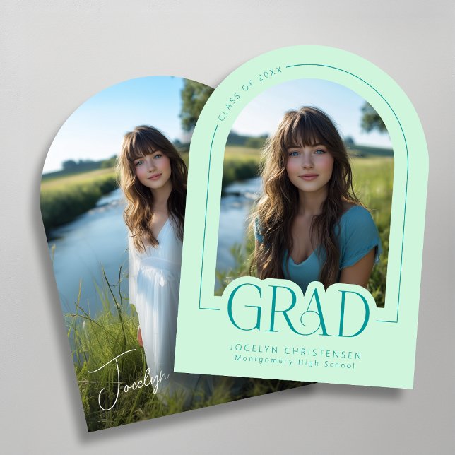 Mint Green Moderne Photo Faire-part de graduation (Front + Back of a 5" x 7" Announcement with Arch Corner Style)