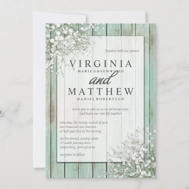 Mint Green Rustic Baby's Breath Faire-part de mari (Devant)