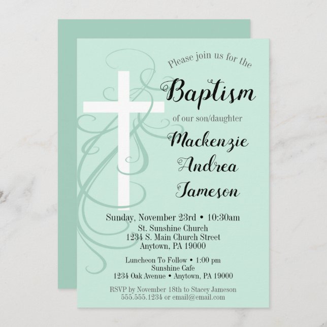 Mint Green Swirl Cross Baptism Invitation Girl Boy (Devant / Derrière)