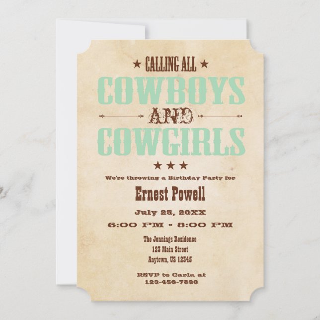 Mint Green Vintage Cowboy Invitation Anniversaire (Devant)