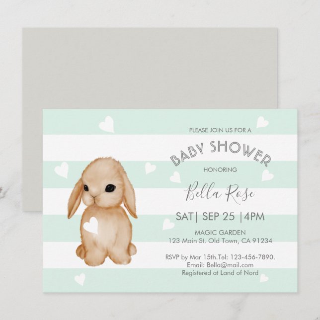 Mint Grey Bunny Baby Shower Invitations (Devant / Derrière)
