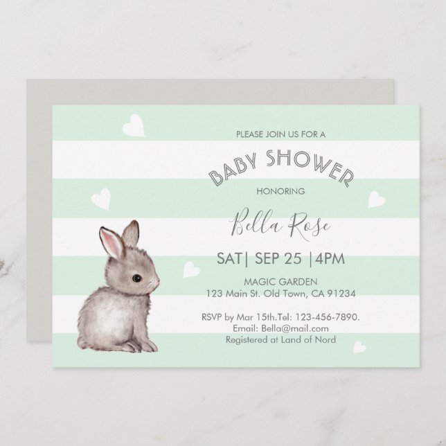 Mint Grey Bunny Baby Shower Invitations (Devant / Derrière)
