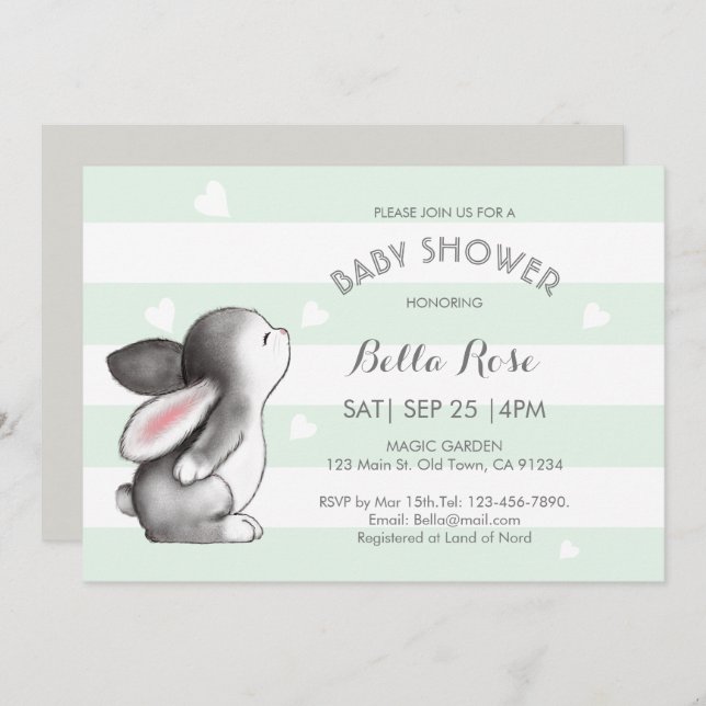 Mint Grey Heart Bunny Baby Shower Invitations (Devant / Derrière)