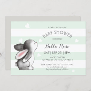 Mint Grey Heart Bunny Baby Shower Invitations