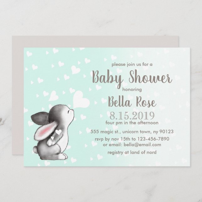 Mint Grey Hearts Bunny Baby Shower Invitations (Devant / Derrière)