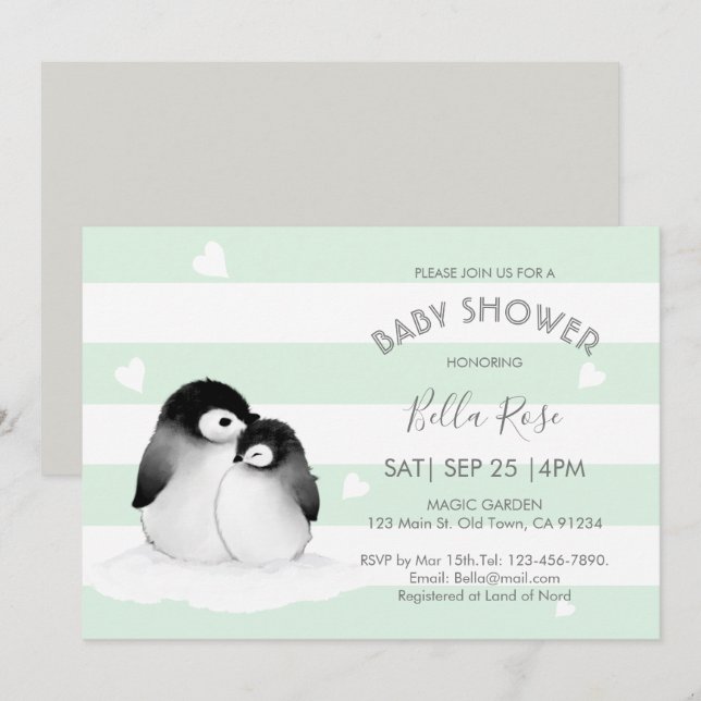 Mint Grey Penguin Baby Shower Invitations (Devant / Derrière)