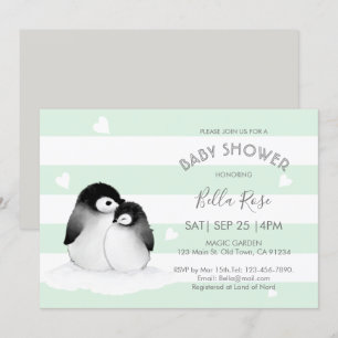 Mint Grey Penguin Baby Shower Invitations