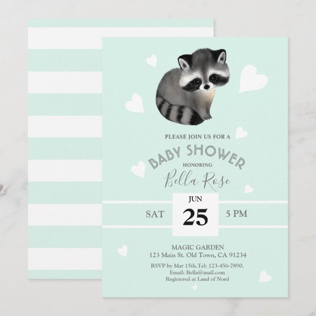 Mint Grey Raccoon Baby Shower Invitations (Devant / Derrière)