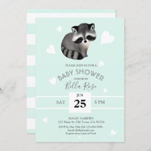 Mint Grey Raccoon Baby Shower Invitations