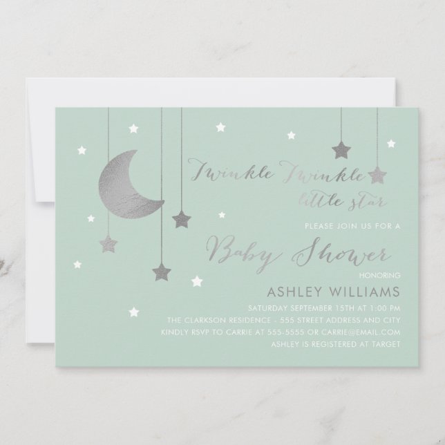 Mint Moon et étoiles Baby shower Invitation (Devant)