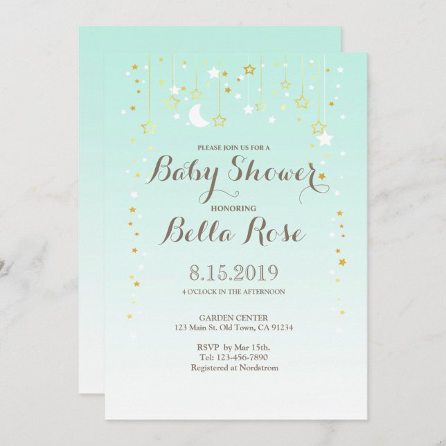 Mint Moon Star Genre Neutre Baby shower Invitation (Devant / Derrière)
