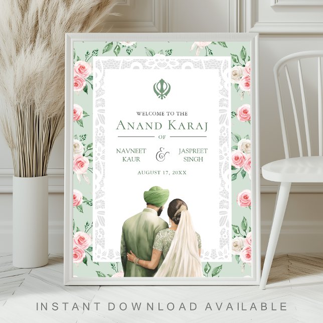 Mint rose Floral Anand Karaj Affiche de bienvenue  (Créateur téléchargé)