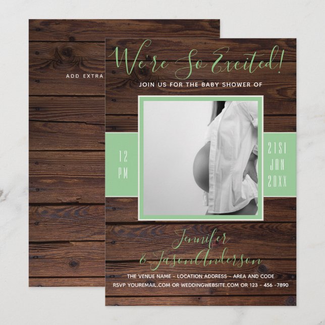 Mint rustique | Baby shower PHOTO Invitation (Devant / Derrière)