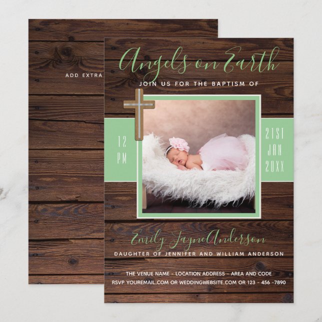 Mint rustique | PHOTO BAPTISM Invitation Elegant W (Devant / Derrière)