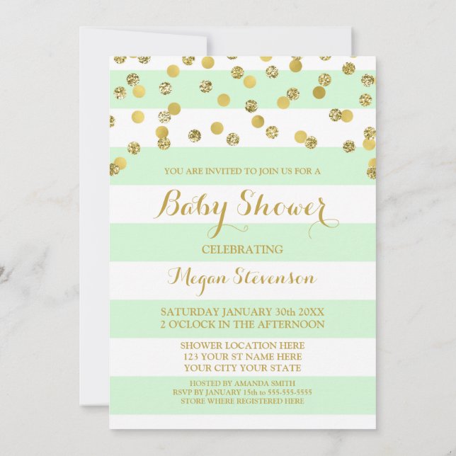 Mint Stripes Gold Confetti Baby shower Invitation (Dos)