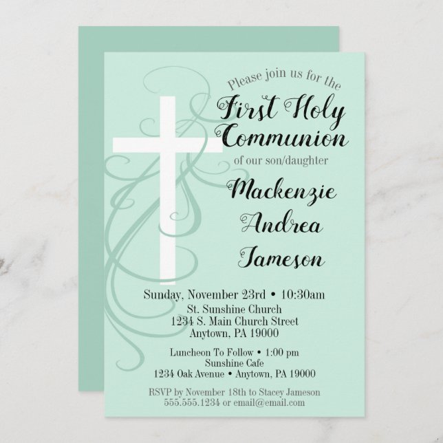 Mint Swirl Cross First Holy Communion Invitation (Devant / Derrière)
