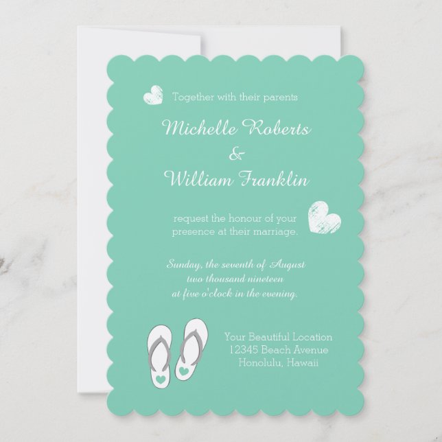 Mint vert coeur plage slipper invitations mariage (Devant)
