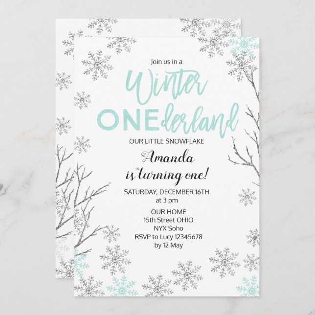 Mint Winter ONE derland Snow Birthday Invitation (Devant / Derrière)