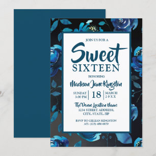 Minuit Bleu Floral Noir Élégant Doux 16 Invitation