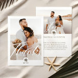 Minuscule photo moderne Palm Tree Monogramme Merci<br><div class="desc">Merci à vos invités mariages avec notre carte de remerciements mariage moderne et minimaliste à deux photos. Le design comporte une grande photo sur le devant avec "Merci" affiché dans un script moderne. Conception moderne de monogramme de palmier d'arche pour customiser avec le monogramme du couple. Le revers comporte une...</div>