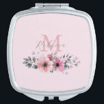 Miroir De Poche Aquarelle botanique chic rose pâle<br><div class="desc">Botanique chic floral élégant plante feuillage gris rose pâle rose monogramme miroir compact</div>