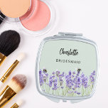 Miroir De Poche Bridesmaid lavande violet floraux sauge vert<br><div class="desc">Un arrière - plan vert sage. Décoré de fleurs de lavande et d'abeilles Personnalisez et ajoutez le nom de votre servante. Script de style manuscrit noir.</div>