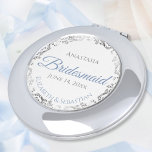 Miroir De Poche Cadeau de Bridesmaid Dusty Blue & Silver Lace<br><div class="desc">Ces miroirs compacts sont conçus pour donner des faveurs aux demoiselles d'honneur de votre mariage. Elles présentent un design simple mais élégant avec un arrière - plan blanc, des lettres de script bleu poussiéreux et une bordure en dentelle florale gris argenté. Une façon parfaite de remercier vos demoiselles d'honneur d'avoir...</div>