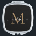 Miroir De Poche Femme d'honneur à la fête nuptiale du Monogramme d<br><div class="desc">Élégant Monogramme d'or noir Feminine Script de mariée Fille Maid of Honor Bridesmaid Favoriser Cadeau Compact Miroir</div>