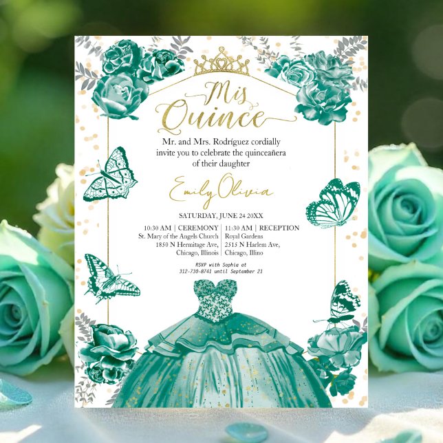 Mis Quince Budget Invitation Émeraude Robe verte (Créateur téléchargé)