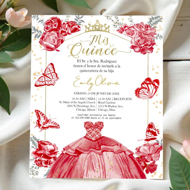 Mis quince Budget Invitation Espagnol Rouge Floral (Créateur téléchargé)
