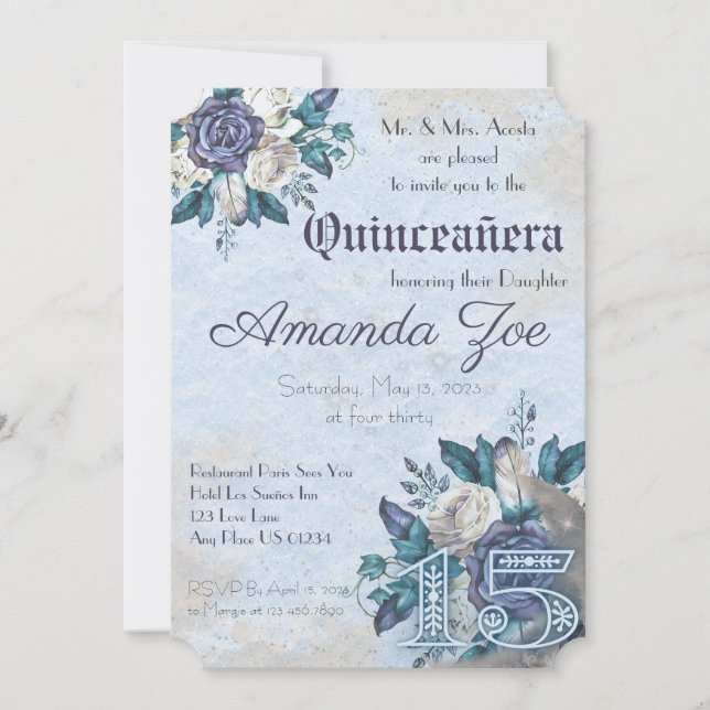 Mis Quince Dusty Blue Floral invitation (Devant)