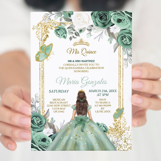 Mis Quince Dusty Green & White Invitation d'annive (Créateur téléchargé)
