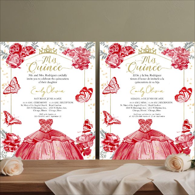 Mis Quince Invitation Budget Bilingue Rouge Floral (Créateur téléchargé)