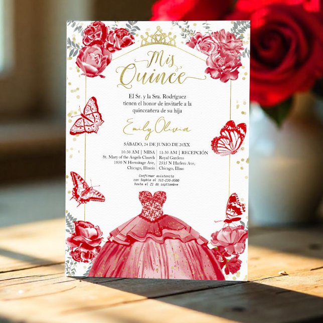 Mis Quince Invitation Espagnol Robe Rouge Floral (Créateur téléchargé)