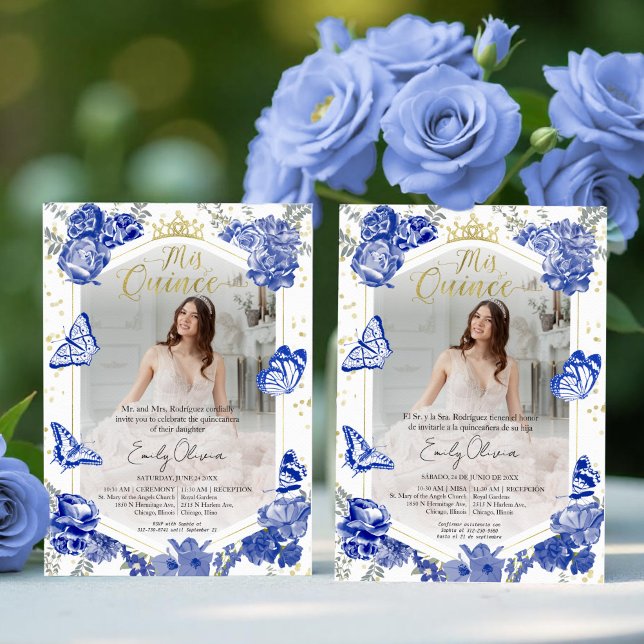 Mis Quince Invitation photo Bilingue Royal Blue (Créateur téléchargé)