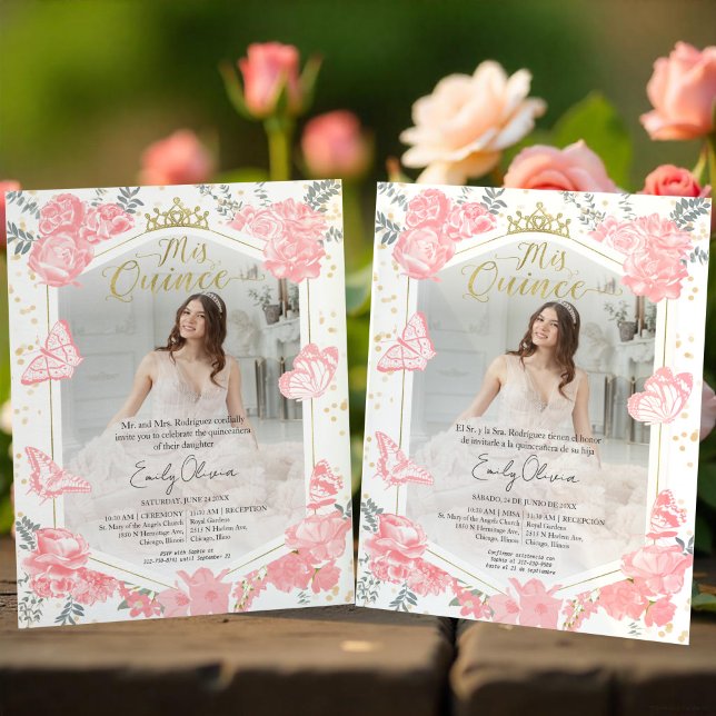 Mis Quince Photo Budget Invitation Bilingue Rose (Créateur téléchargé)