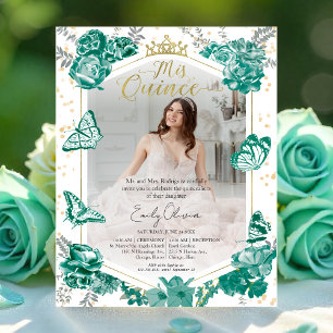 Mis Quince Photo Budget Invitation Emerald Green