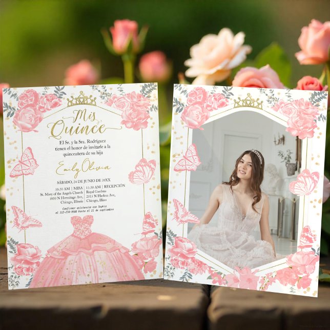 Mis Quince Photo Budget Invitation Espagnol Rose (Créateur téléchargé)